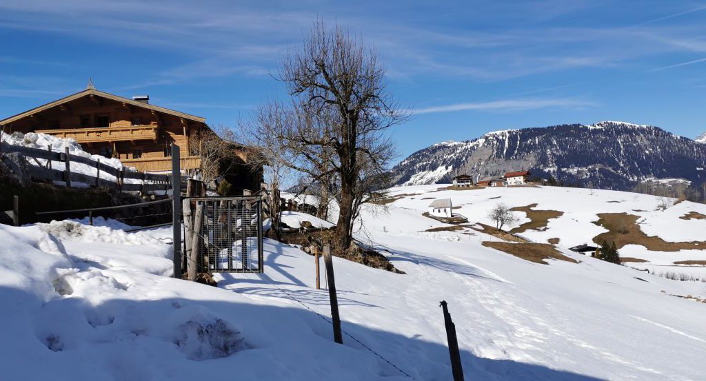 Blick vom Hof in die schneebedeckte Landschaft um den Hof