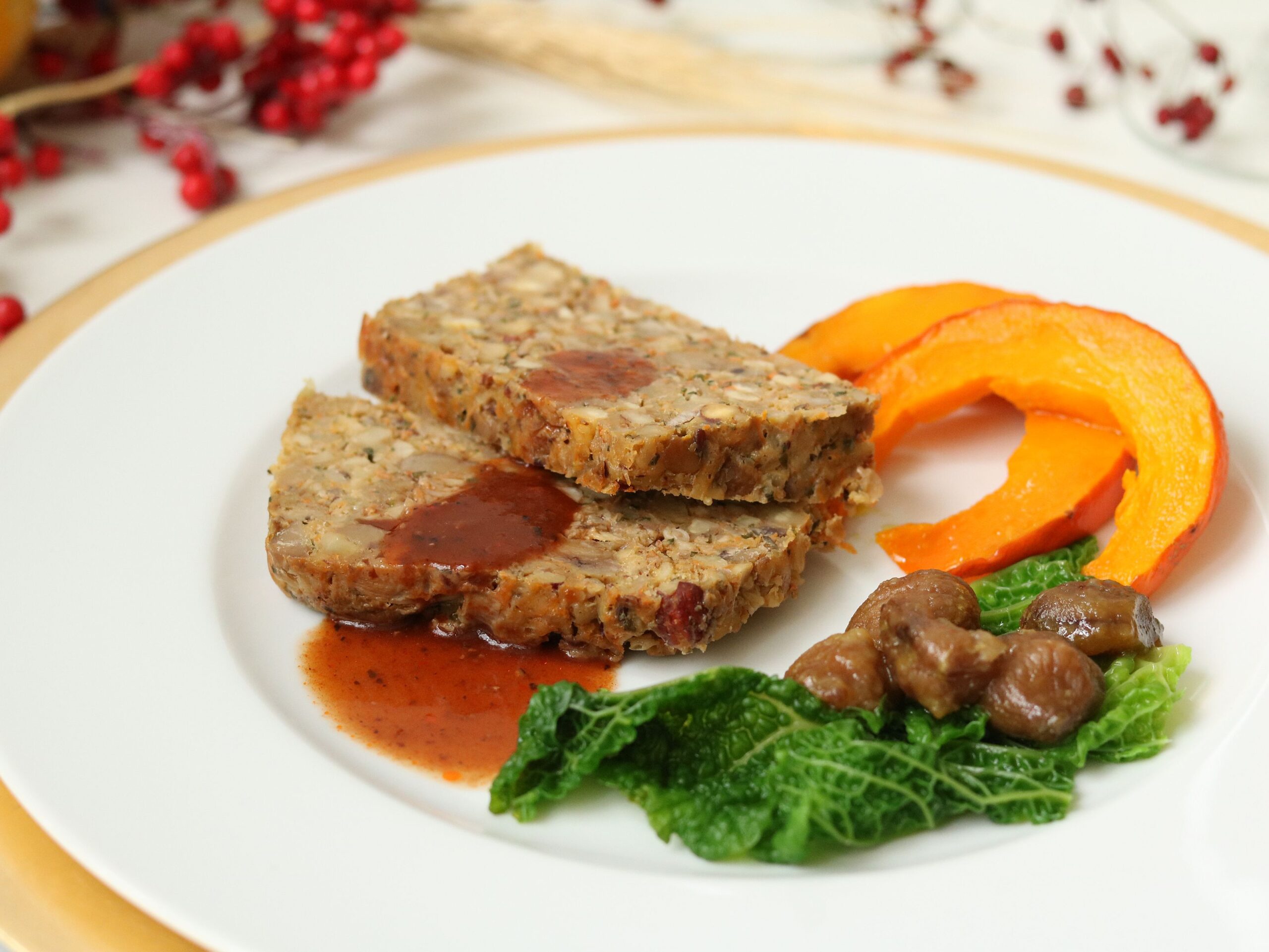 Vegetarischer Braten mit glasierten Maronen